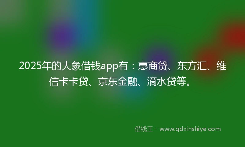 2025年的大象借钱app有：惠商贷、东方汇、维信卡卡贷、京东金融、滴水贷等。