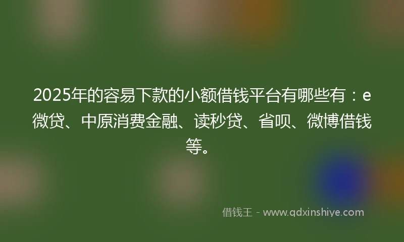 2025年的容易下款的小额借钱平台有哪些有：e微贷、中原消费金融、读秒贷、省呗、微博借钱等。