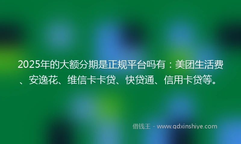 2025年的大额分期是正规平台吗有：美团生活费、安逸花、维信卡卡贷、快贷通、信用卡贷等。