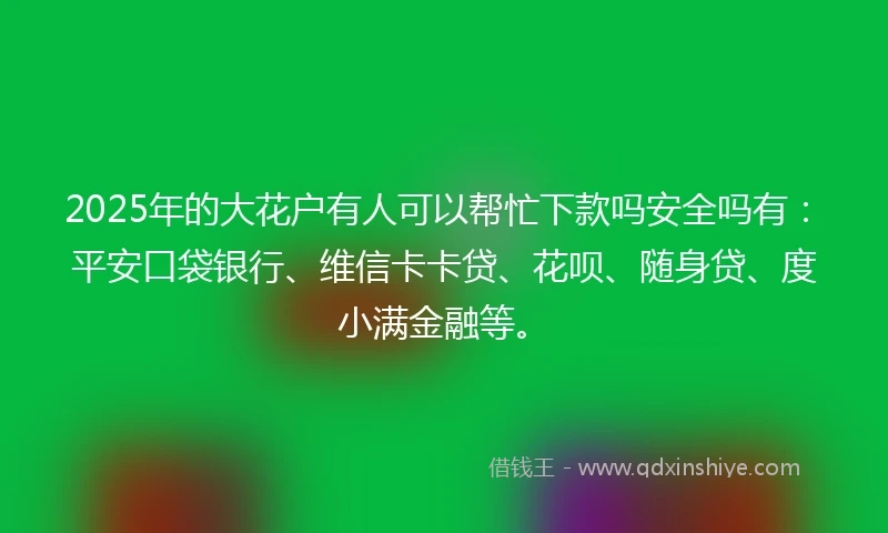2025年的大花户有人可以帮忙下款吗安全吗有:平安口袋银行、维信卡卡贷、花呗、随身贷、度小满金融等。