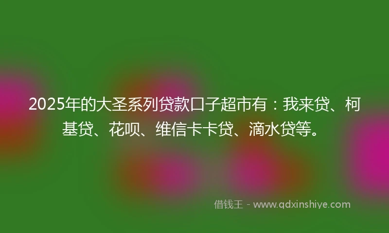 2025年的大圣系列贷款口子超市有：我来贷、柯基贷、花呗、维信卡卡贷、滴水贷等。