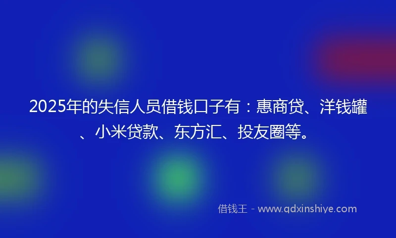 2025年的失信人员借钱口子有：惠商贷、洋钱罐、小米贷款、东方汇、投友圈等。