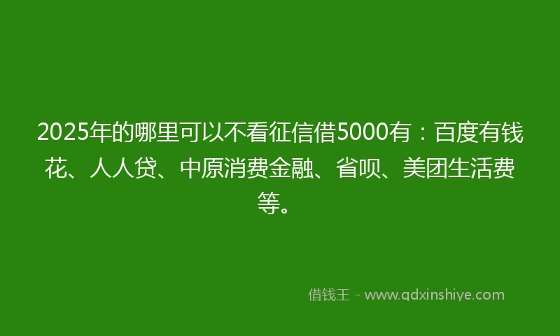 2025年的哪里可以不看征信借5000有：百度有钱花、人人贷、中原消费金融、省呗、美团生活费等。