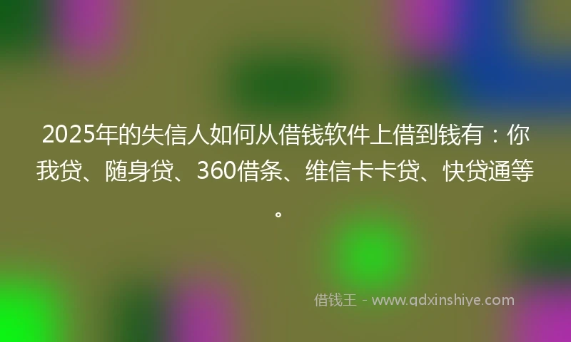 2025年的失信人如何从借钱软件上借到钱有：你我贷、随身贷、360借条、维信卡卡贷、快贷通等。