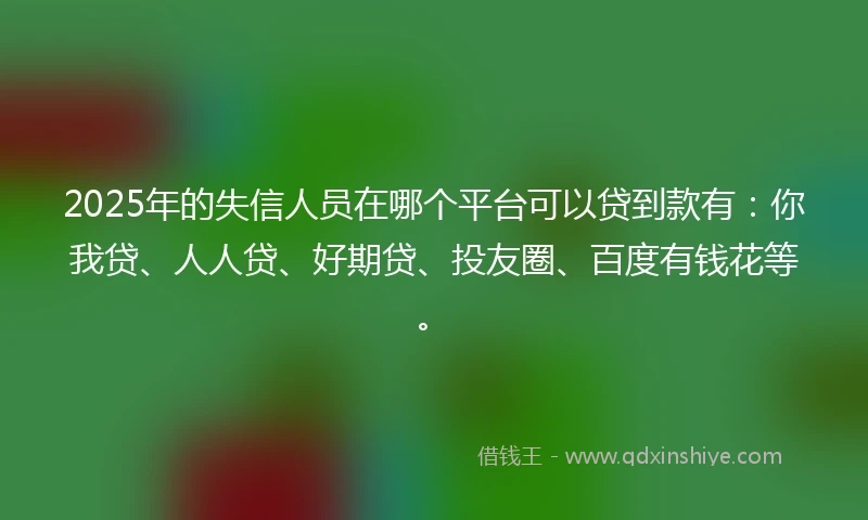 2025年的失信人员在哪个平台可以贷到款有：你我贷、人人贷、好期贷、投友圈、百度有钱花等。