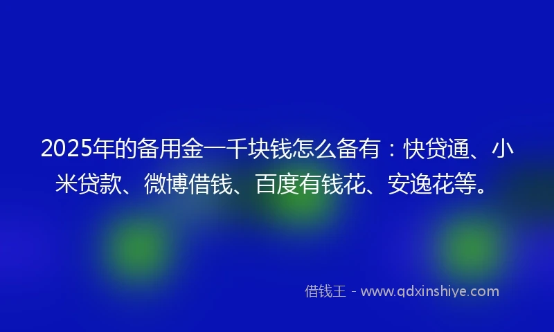 2025年的备用金一千块钱怎么备有：快贷通、小米贷款、微博借钱、百度有钱花、安逸花等。