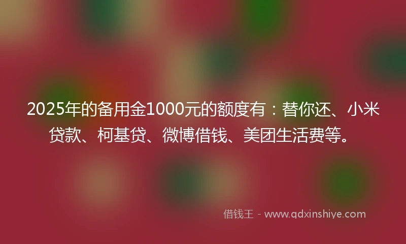 2025年的备用金1000元的额度有：替你还、小米贷款、柯基贷、微博借钱、美团生活费等。
