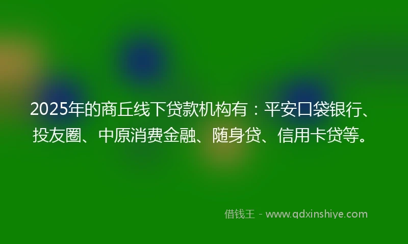 2025年的商丘线下贷款机构有：平安口袋银行、投友圈、中原消费金融、随身贷、信用卡贷等。