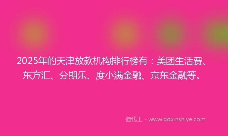 2025年的天津放款机构排行榜有：美团生活费、东方汇、分期乐、度小满金融、京东金融等。