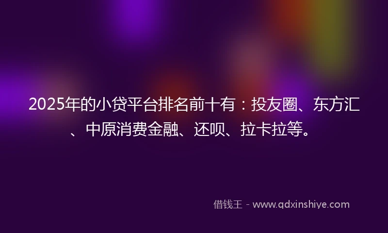 2025年的小贷平台排名前十有：投友圈、东方汇、中原消费金融、还呗、拉卡拉等。
