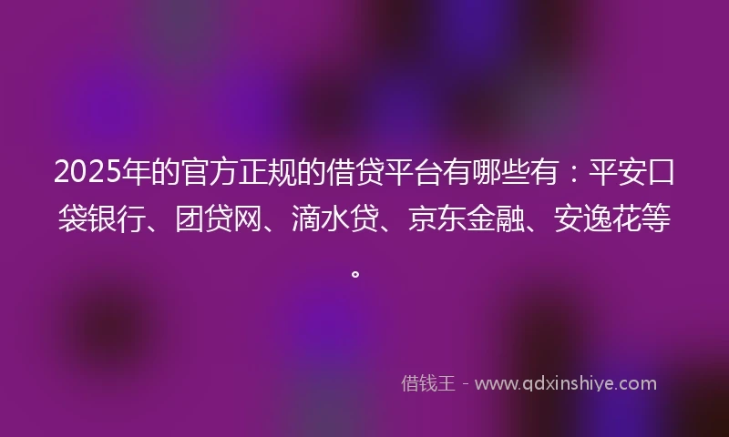 2025年的官方正规的借贷平台有哪些有：平安口袋银行、团贷网、滴水贷、京东金融、安逸花等。