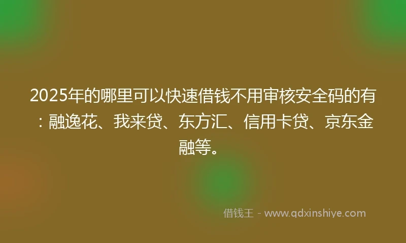 2025年的哪里可以快速借钱不用审核安全码的有：融逸花、我来贷、东方汇、信用卡贷、京东金融等。
