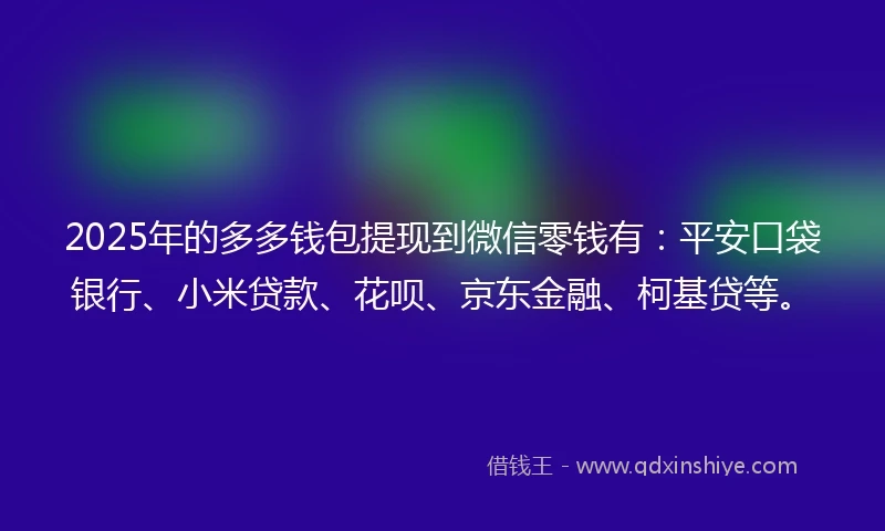 2025年的多多钱包提现到微信零钱有：平安口袋银行、小米贷款、花呗、京东金融、柯基贷等。