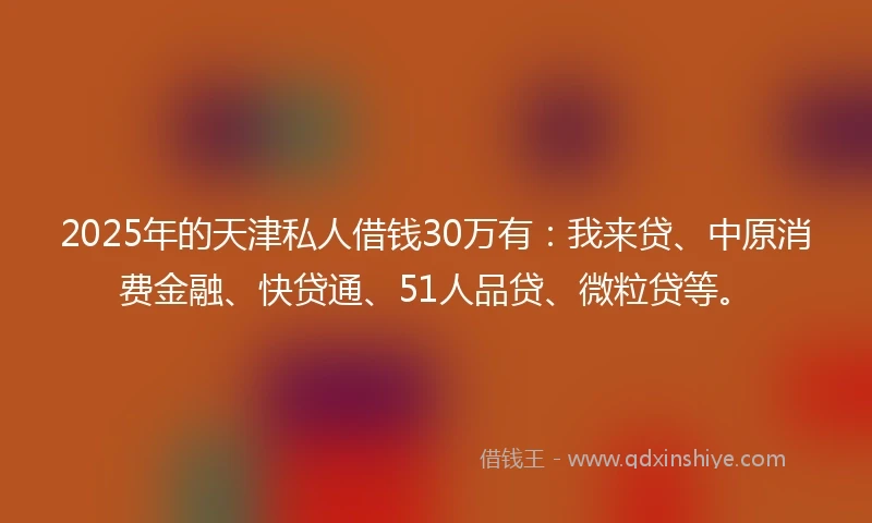 2025年的天津私人借钱30万有：我来贷、中原消费金融、快贷通、51人品贷、微粒贷等。