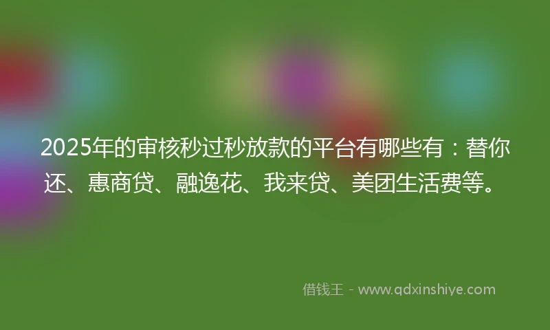 2025年的审核秒过秒放款的平台有哪些有：替你还、惠商贷、融逸花、我来贷、美团生活费等。