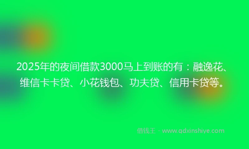 2025年的夜间借款3000马上到账的有：融逸花、维信卡卡贷、小花钱包、功夫贷、信用卡贷等。