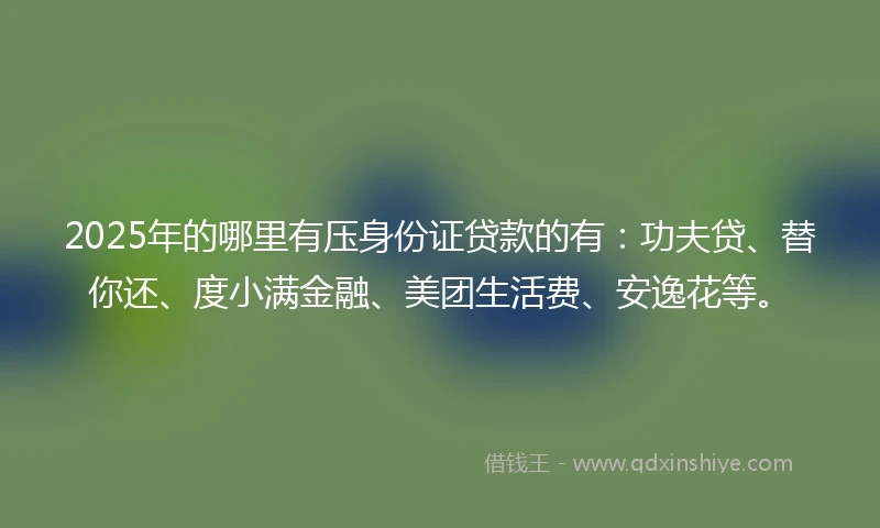 2025年的哪里有压身份证贷款的有：功夫贷、替你还、度小满金融、美团生活费、安逸花等。