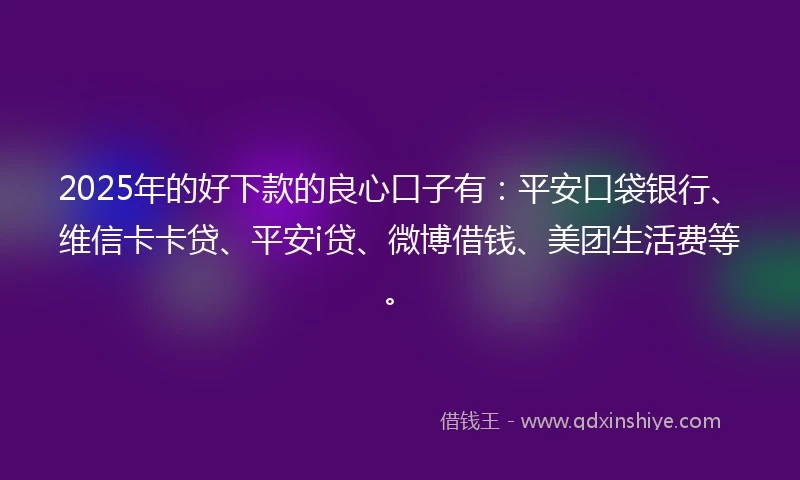 2025年的好下款的良心口子有：平安口袋银行、维信卡卡贷、平安i贷、微博借钱、美团生活费等。