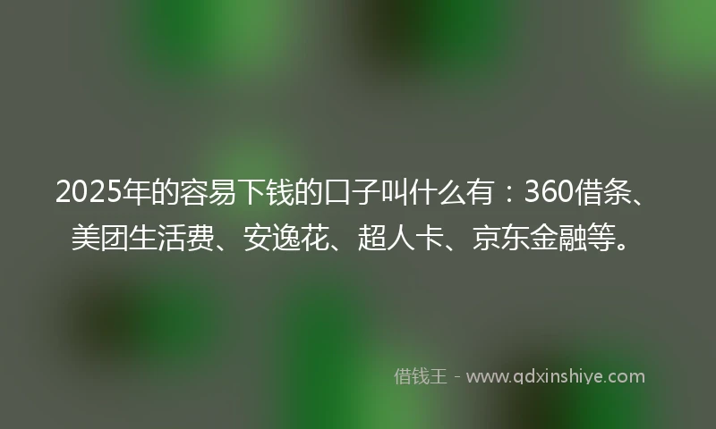2025年的容易下钱的口子叫什么有：360借条、美团生活费、安逸花、超人卡、京东金融等。