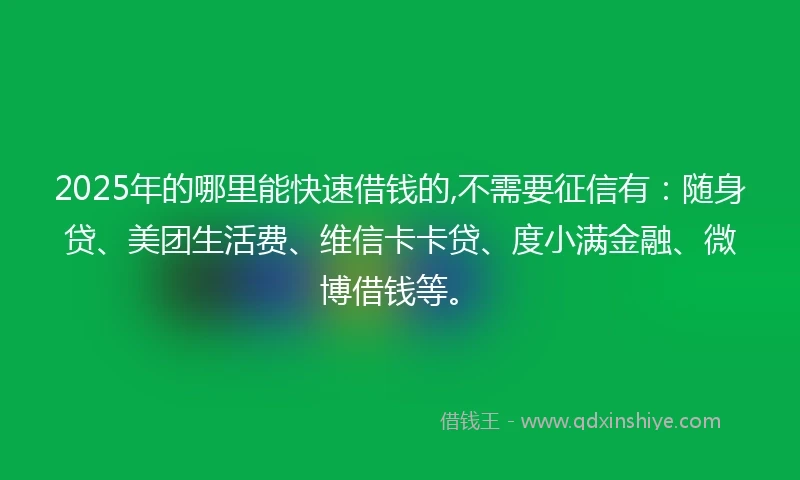 2025年的哪里能快速借钱的,不需要征信有：随身贷、美团生活费、维信卡卡贷、度小满金融、微博借钱等。