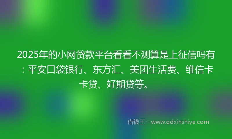 2025年的小网贷款平台看看不测算是上征信吗有：平安口袋银行、东方汇、美团生活费、维信卡卡贷、好期贷等。