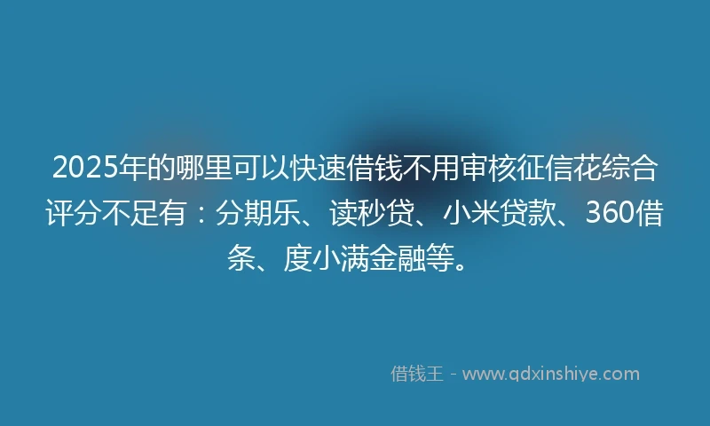 2025年的哪里可以快速借钱不用审核征信花综合评分不足有：分期乐、读秒贷、小米贷款、360借条、度小满金融等。