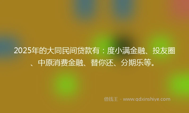 2025年的大同民间贷款有：度小满金融、投友圈、中原消费金融、替你还、分期乐等。