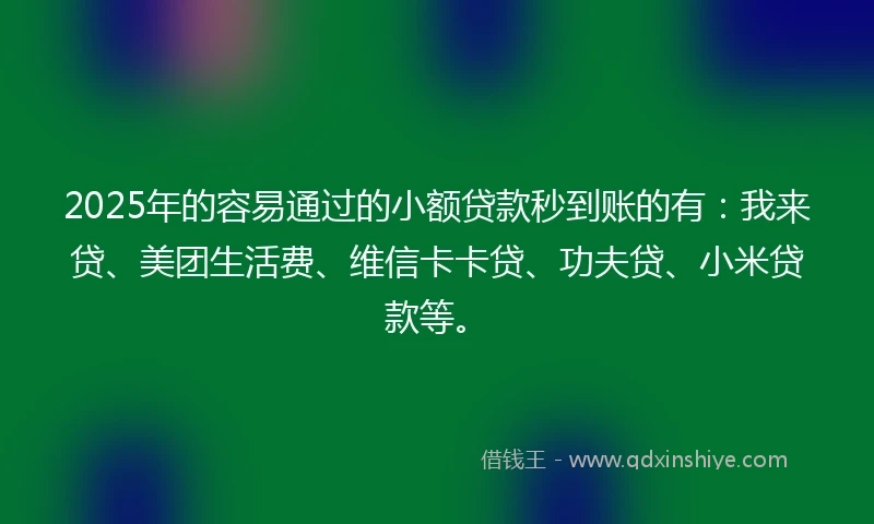 2025年的容易通过的小额贷款秒到账的有：我来贷、美团生活费、维信卡卡贷、功夫贷、小米贷款等。