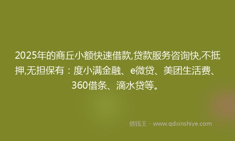 2025年的商丘小额快速借款,贷款服务咨询快,不抵押,无担保有：度小满金融、e微贷、美团生活费、360借条、滴水贷等。