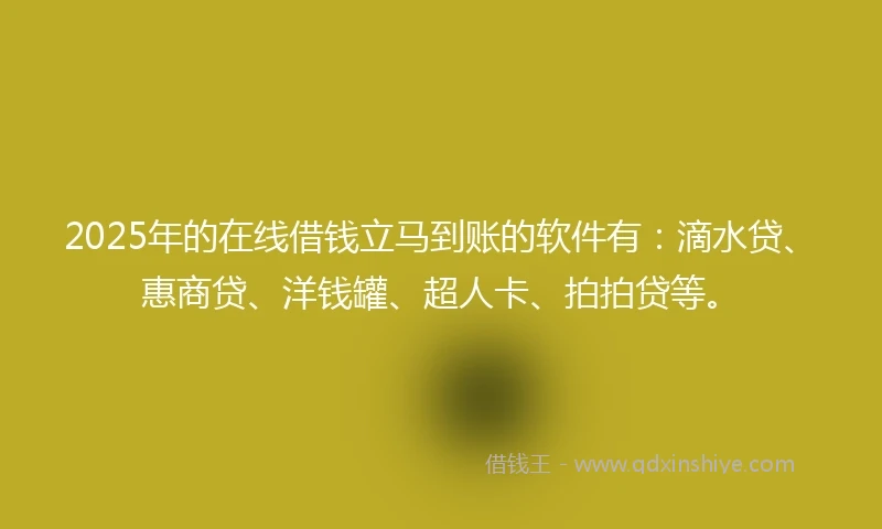 2025年的在线借钱立马到账的软件有：滴水贷、惠商贷、洋钱罐、超人卡、拍拍贷等。