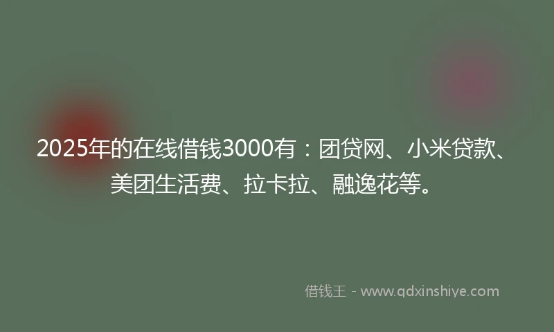 2025年的在线借钱3000有：团贷网、小米贷款、美团生活费、拉卡拉、融逸花等。