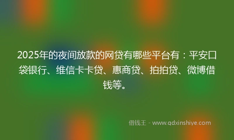 2025年的夜间放款的网贷有哪些平台有：平安口袋银行、维信卡卡贷、惠商贷、拍拍贷、微博借钱等。