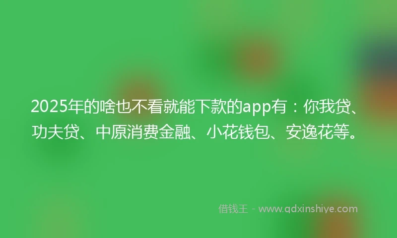 2025年的啥也不看就能下款的app有：你我贷、功夫贷、中原消费金融、小花钱包、安逸花等。
