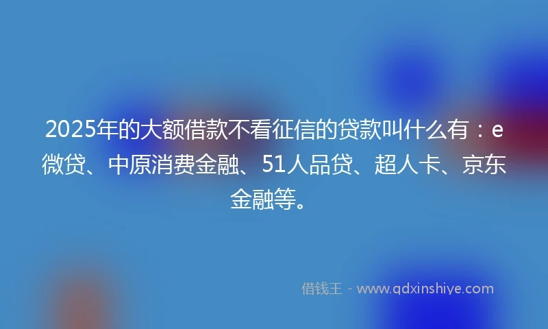 2025年的大额借款不看征信的贷款叫什么有:e微贷、中原消费金融、51人品贷、超人卡、京东金融等。
