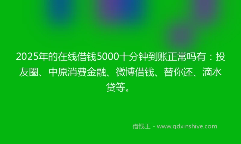 2025年的在线借钱5000十分钟到账正常吗有：投友圈、中原消费金融、微博借钱、替你还、滴水贷等。