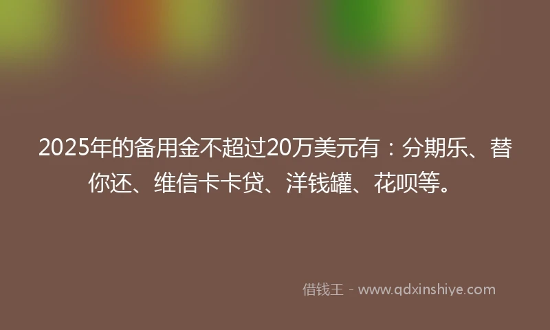 2025年的备用金不超过20万美元有：分期乐、替你还、维信卡卡贷、洋钱罐、花呗等。