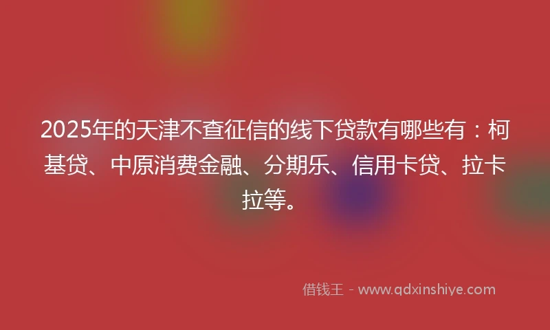 2025年的天津不查征信的线下贷款有哪些有：柯基贷、中原消费金融、分期乐、信用卡贷、拉卡拉等。