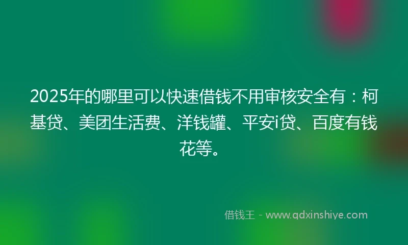 2025年的哪里可以快速借钱不用审核安全有：柯基贷、美团生活费、洋钱罐、平安i贷、百度有钱花等。