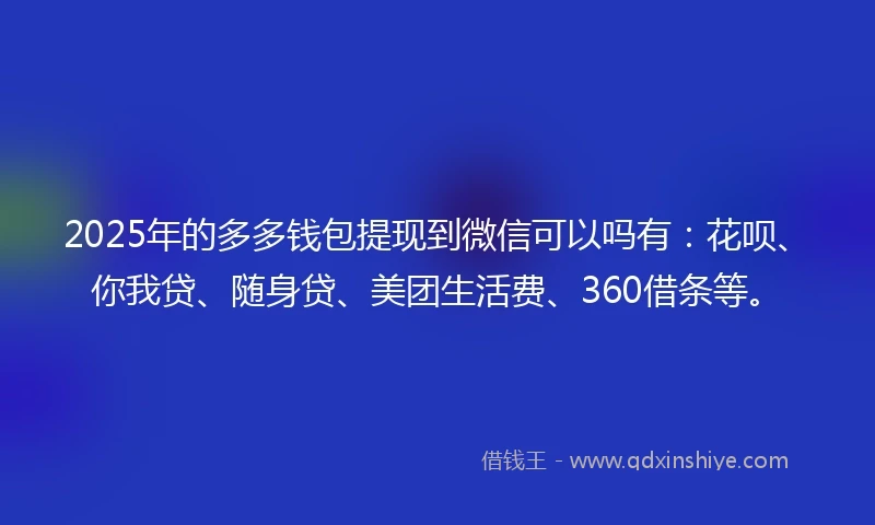2025年的多多钱包提现到微信可以吗有：花呗、你我贷、随身贷、美团生活费、360借条等。