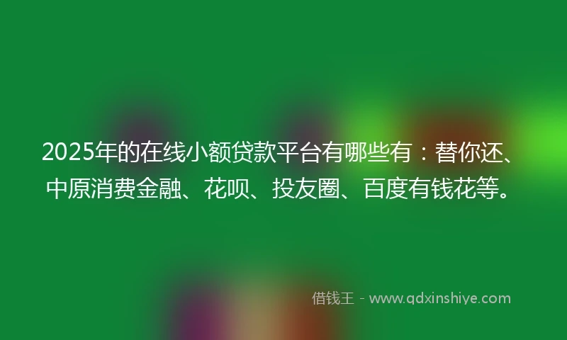 2025年的在线小额贷款平台有哪些有:替你还、中原消费金融、花呗、投友圈、百度有钱花等。