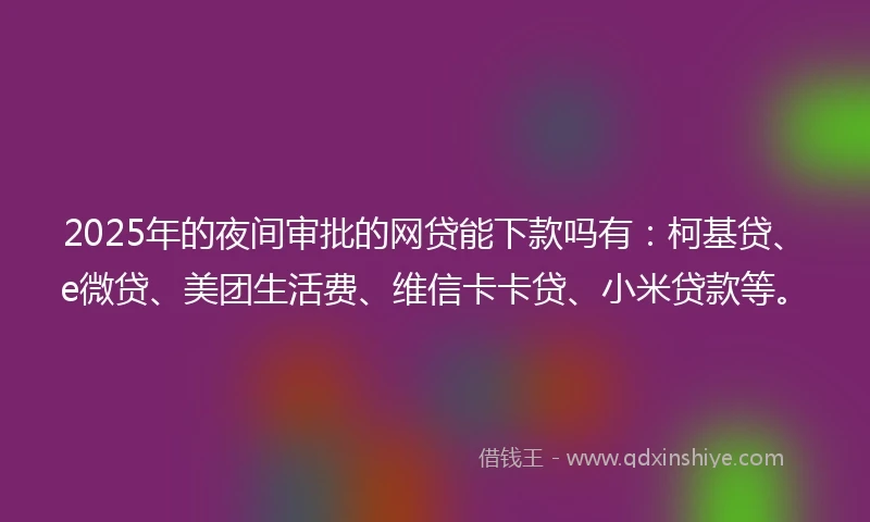 2025年的夜间审批的网贷能下款吗有：柯基贷、e微贷、美团生活费、维信卡卡贷、小米贷款等。