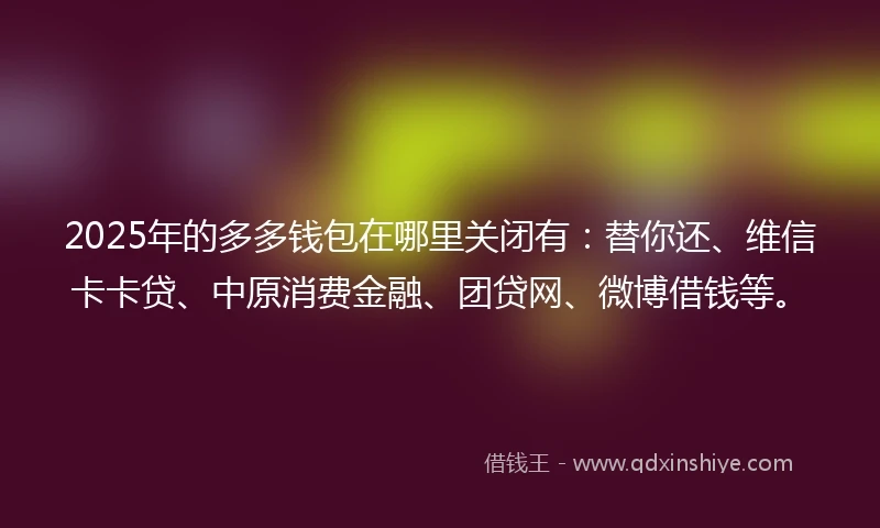 2025年的多多钱包在哪里关闭有：替你还、维信卡卡贷、中原消费金融、团贷网、微博借钱等。