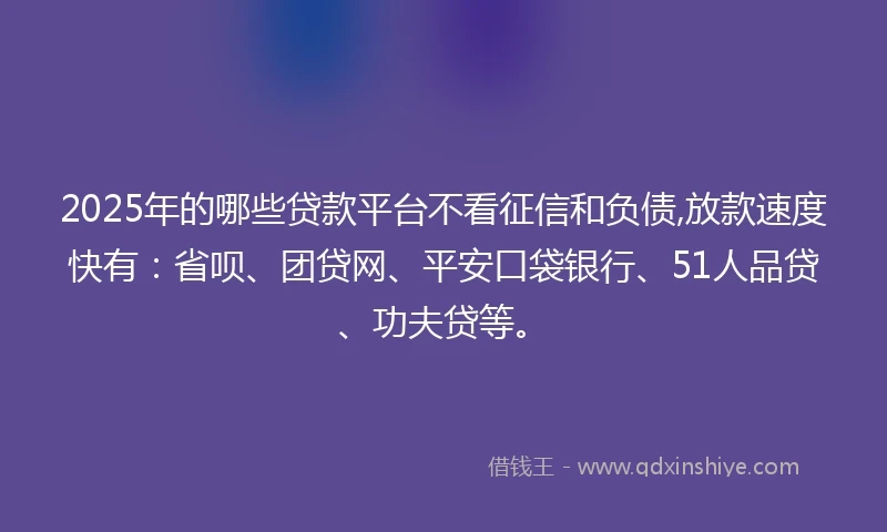 2025年的哪些贷款平台不看征信和负债,放款速度快有：省呗、团贷网、平安口袋银行、51人品贷、功夫贷等。