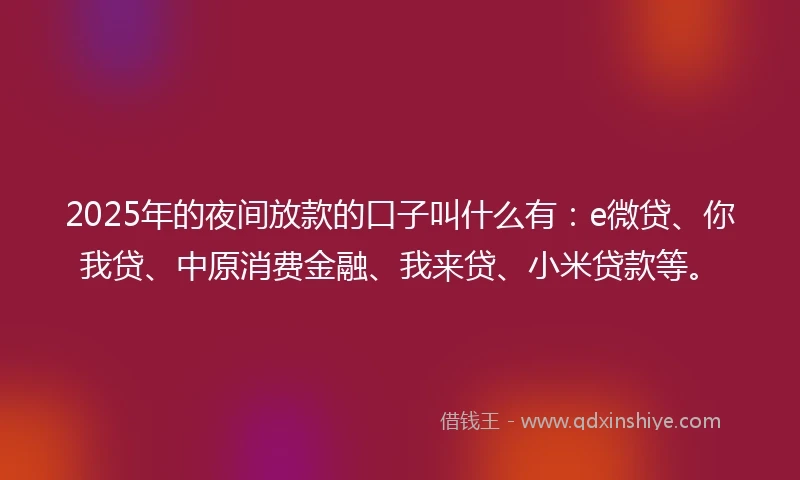 2025年的夜间放款的口子叫什么有：e微贷、你我贷、中原消费金融、我来贷、小米贷款等。