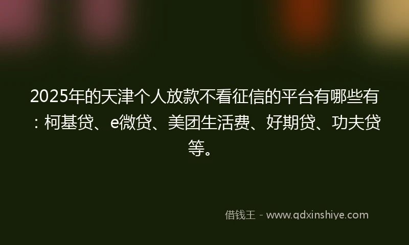 2025年的天津个人放款不看征信的平台有哪些有:柯基贷、e微贷、美团生活费、好期贷、功夫贷等。