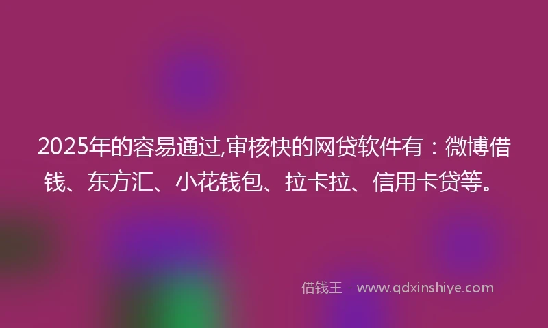 2025年的容易通过,审核快的网贷软件有：微博借钱、东方汇、小花钱包、拉卡拉、信用卡贷等。