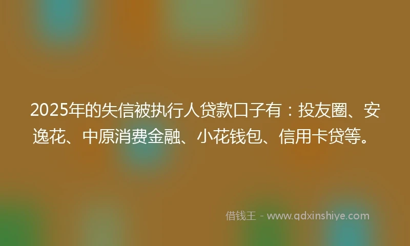 2025年的失信被执行人贷款口子有:投友圈、安逸花、中原消费金融、小花钱包、信用卡贷等。