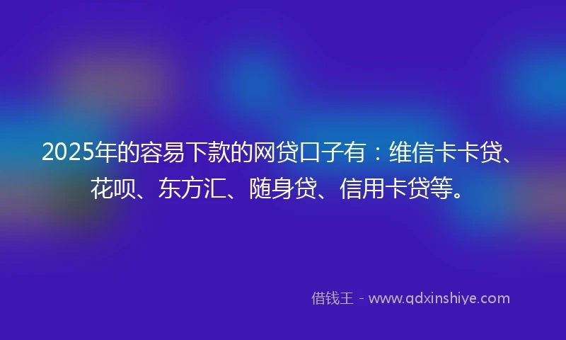 2025年的容易下款的网贷口子有：维信卡卡贷、花呗、东方汇、随身贷、信用卡贷等。