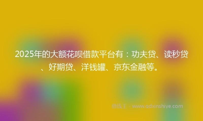2025年的大额花呗借款平台有：功夫贷、读秒贷、好期贷、洋钱罐、京东金融等。