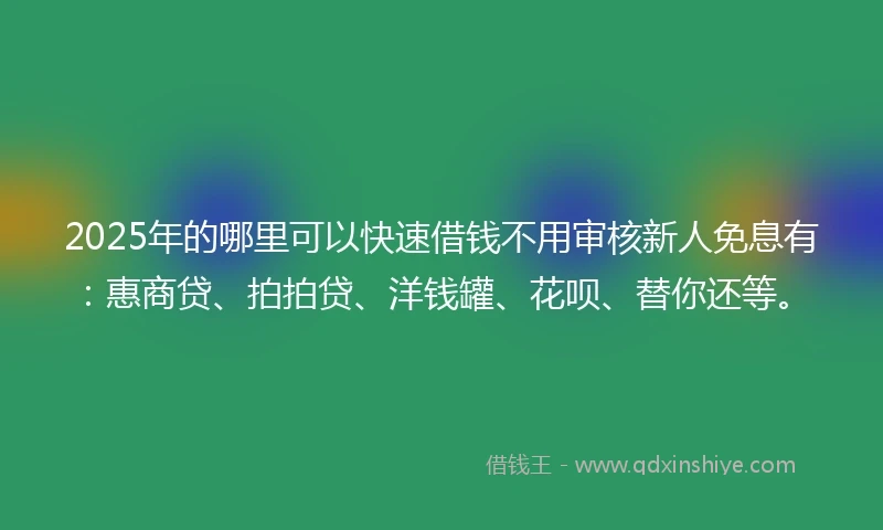 2025年的哪里可以快速借钱不用审核新人免息有：惠商贷、拍拍贷、洋钱罐、花呗、替你还等。